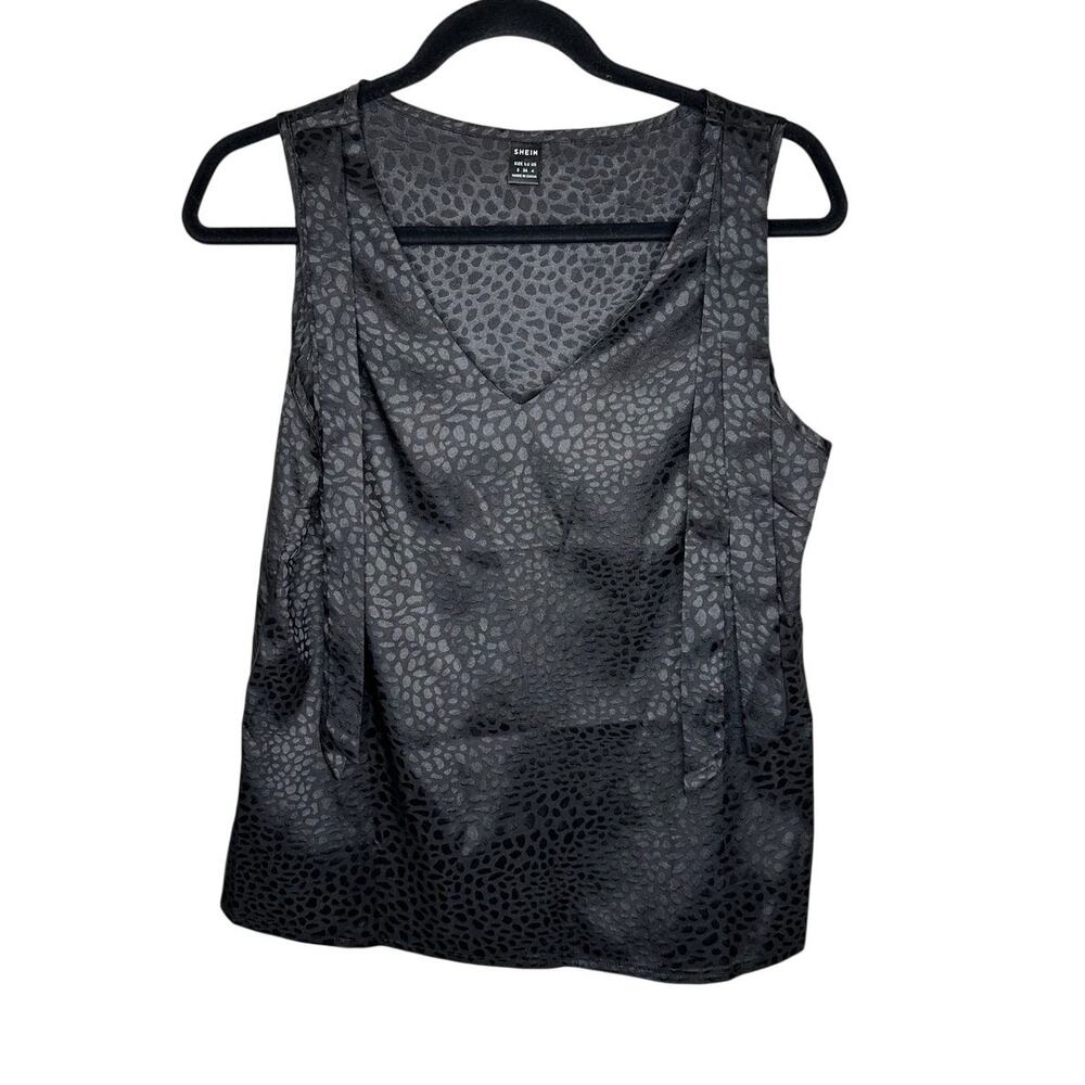 Shein Women S Black Satin Animal Print Sleeveless Blouse Tie Sides Office Top